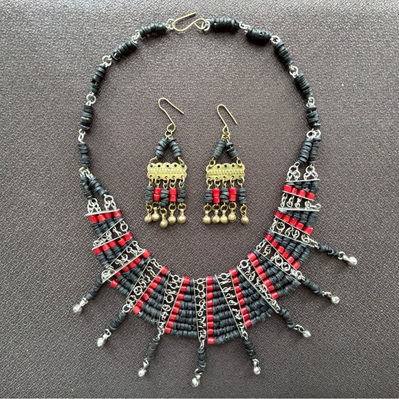 Layered Silver Beaded Statement Necklace & Earrings Set For Women - Square Crystal Beads, Adjustable Collar Necklace (17-19")